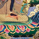 Chakrasambhara Thangka Painting showing in a wrathful form with multiple arms, flame aura, skull ornaments, sacred implements, lotus base and Himalayan landscape details.