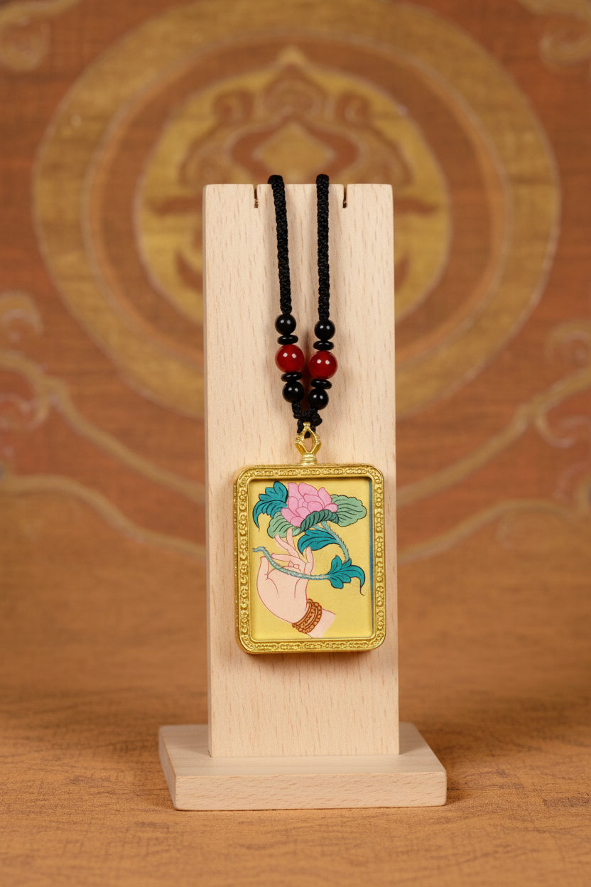 Lotus ghau pendant close up hand painted Himalayan spiritual art