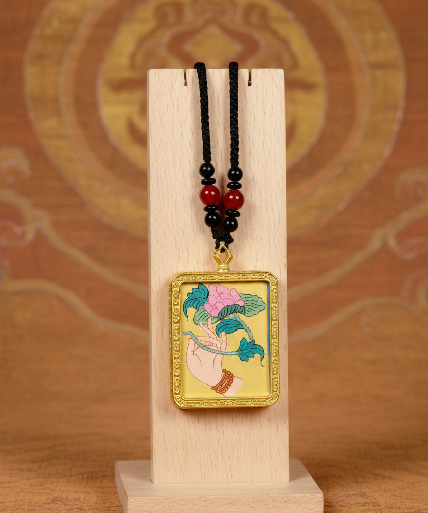 Lotus ghau pendant close up hand painted Himalayan spiritual art