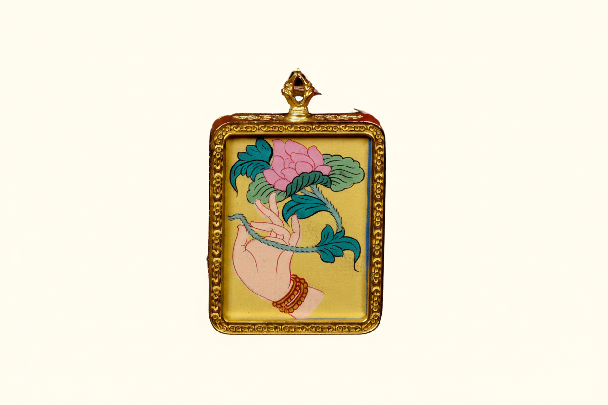 Lotus ghau pendant close up hand painted Himalayan spiritual art