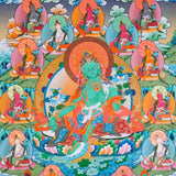 21 Tara Thangka Painting showing Green Tara seated at the centre with blue lotus flowers, surrounded by the Twenty-One Taras in different colours, lotus thrones, radiant halos, clouds, water and Himalayan landscape details.
