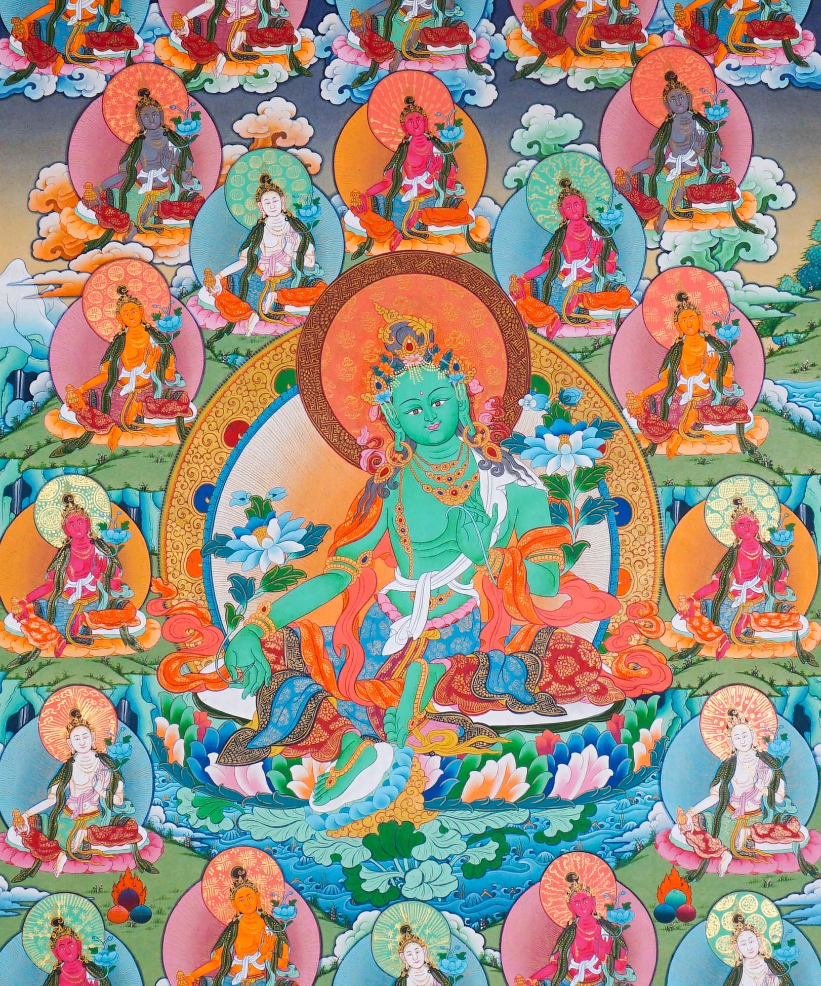 21 Tara Thangka Painting showing Green Tara seated at the centre with blue lotus flowers, surrounded by the Twenty-One Taras in different colours, lotus thrones, radiant halos, clouds, water and Himalayan landscape details.