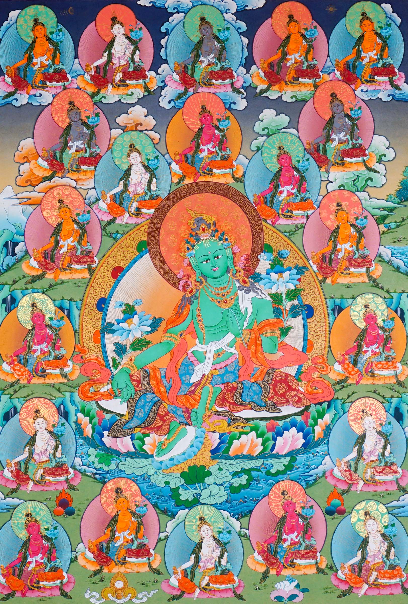 21 Tara Thangka Painting showing Green Tara seated at the centre with blue lotus flowers, surrounded by the Twenty-One Taras in different colours, lotus thrones, radiant halos, clouds, water and Himalayan landscape details.