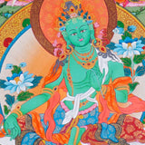 21 Tara Thangka Painting showing Green Tara seated at the centre with blue lotus flowers, surrounded by the Twenty-One Taras in different colours, lotus thrones, radiant halos, clouds, water and Himalayan landscape details.