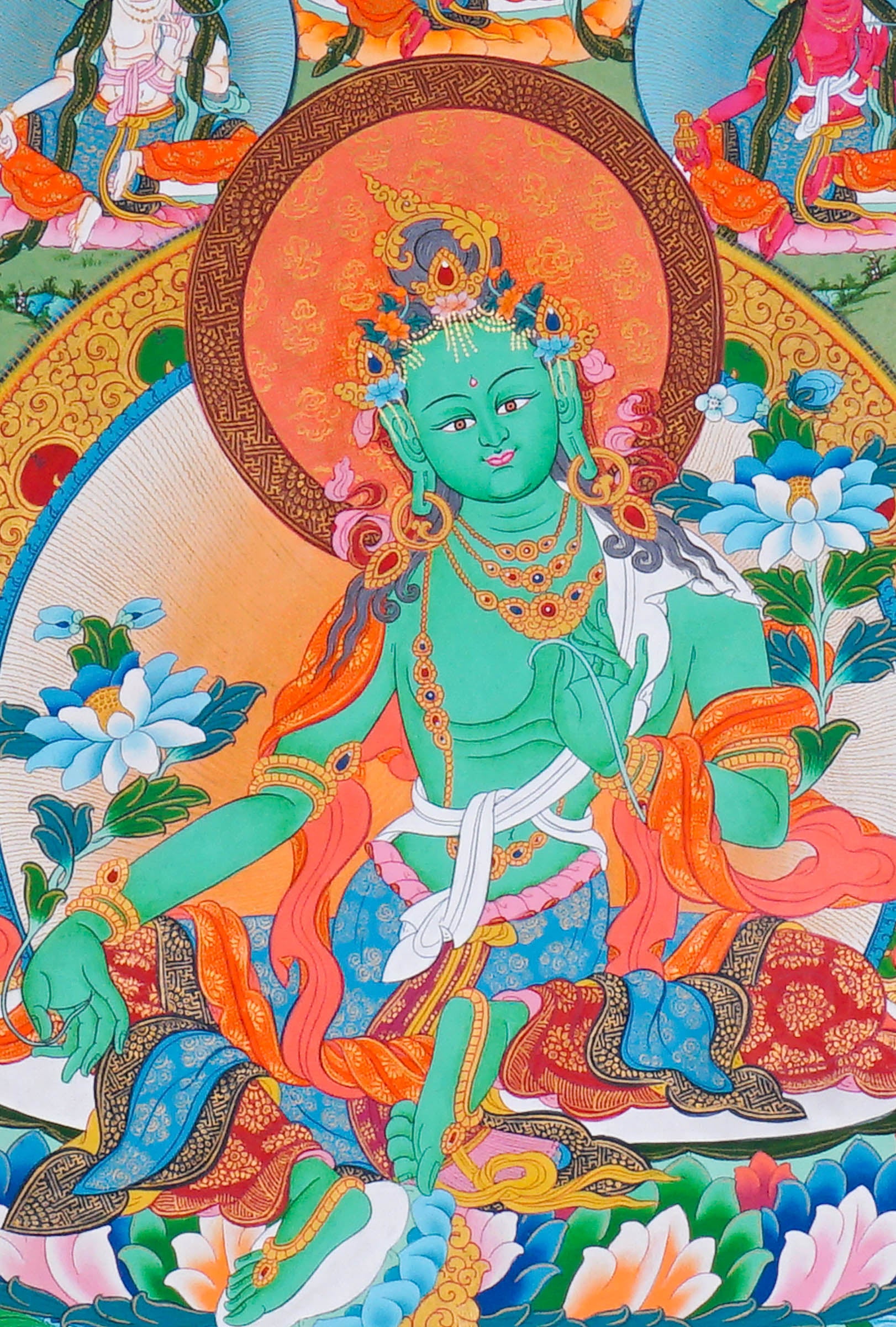 21 Tara Thangka Painting showing Green Tara seated at the centre with blue lotus flowers, surrounded by the Twenty-One Taras in different colours, lotus thrones, radiant halos, clouds, water and Himalayan landscape details.