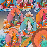 21 Tara Thangka Painting showing Green Tara seated at the centre with blue lotus flowers, surrounded by the Twenty-One Taras in different colours, lotus thrones, radiant halos, clouds, water and Himalayan landscape details.