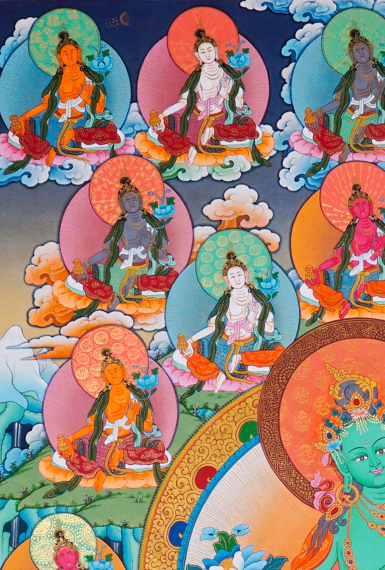 21 Tara Thangka Painting showing Green Tara seated at the centre with blue lotus flowers, surrounded by the Twenty-One Taras in different colours, lotus thrones, radiant halos, clouds, water and Himalayan landscape details.