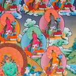 21 Tara Thangka Painting showing Green Tara seated at the centre with blue lotus flowers, surrounded by the Twenty-One Taras in different colours, lotus thrones, radiant halos, clouds, water and Himalayan landscape details.