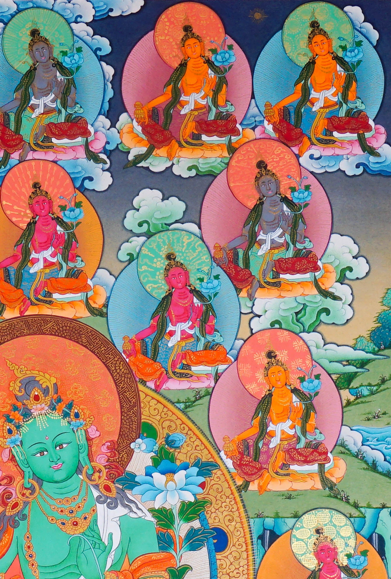 21 Tara Thangka Painting showing Green Tara seated at the centre with blue lotus flowers, surrounded by the Twenty-One Taras in different colours, lotus thrones, radiant halos, clouds, water and Himalayan landscape details.