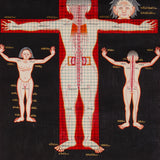 Tibetan Anatomy Thangka Painting showing traditional human body diagrams with front and back views, spinal lines, red grid markings, body points and Tibetan script labels on a black background.