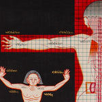 Tibetan Anatomy Thangka Painting showing traditional human body diagrams with front and back views, spinal lines, red grid markings, body points and Tibetan script labels on a black background.