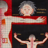 Tibetan Anatomy Thangka Painting showing traditional human body diagrams with front and back views, spinal lines, red grid markings, body points and Tibetan script labels on a black background.