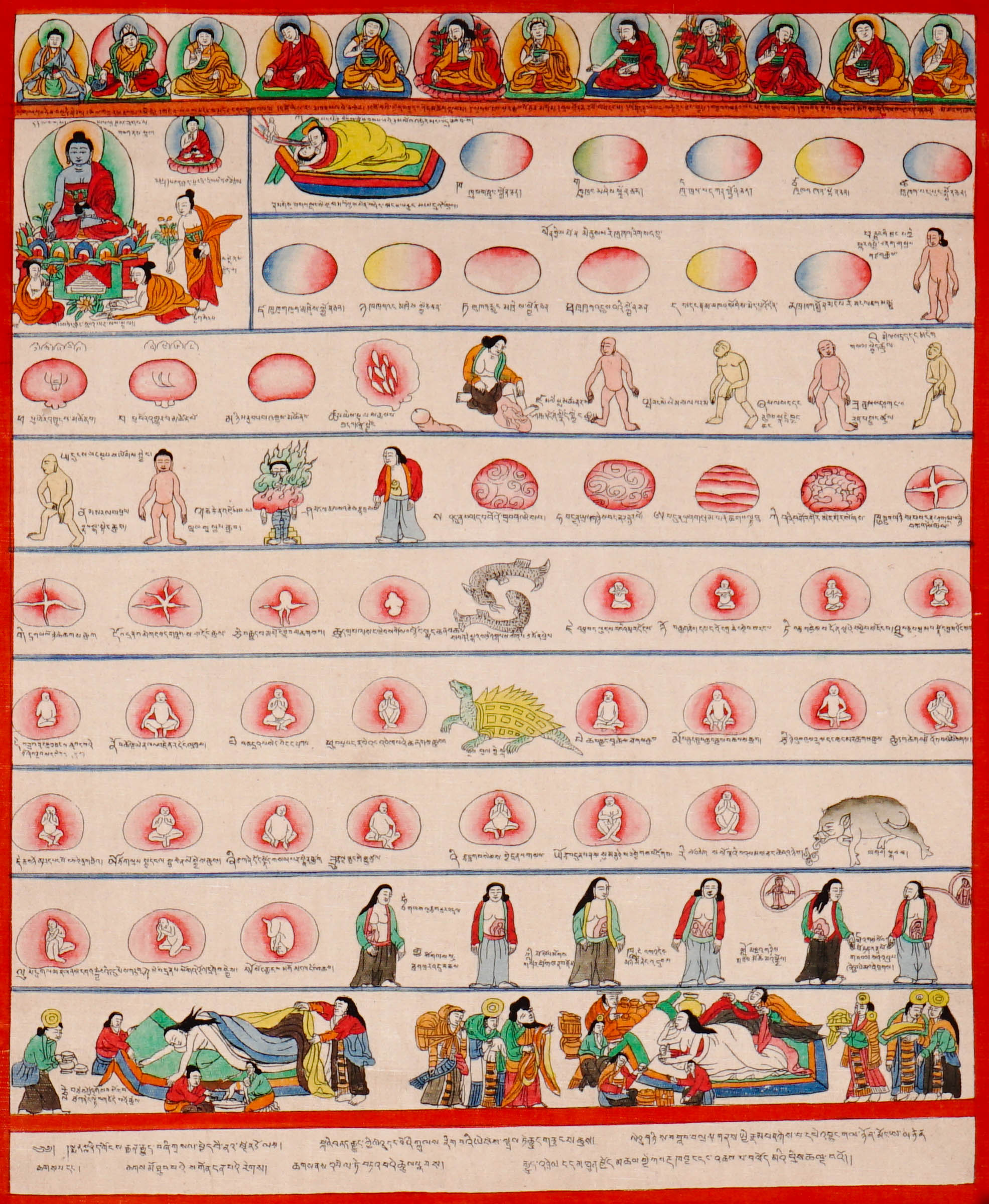 Tibetan Medicine Plant Thangka Painting showing traditional herbal medicine illustrations, body diagrams, healing scenes, medical symbols