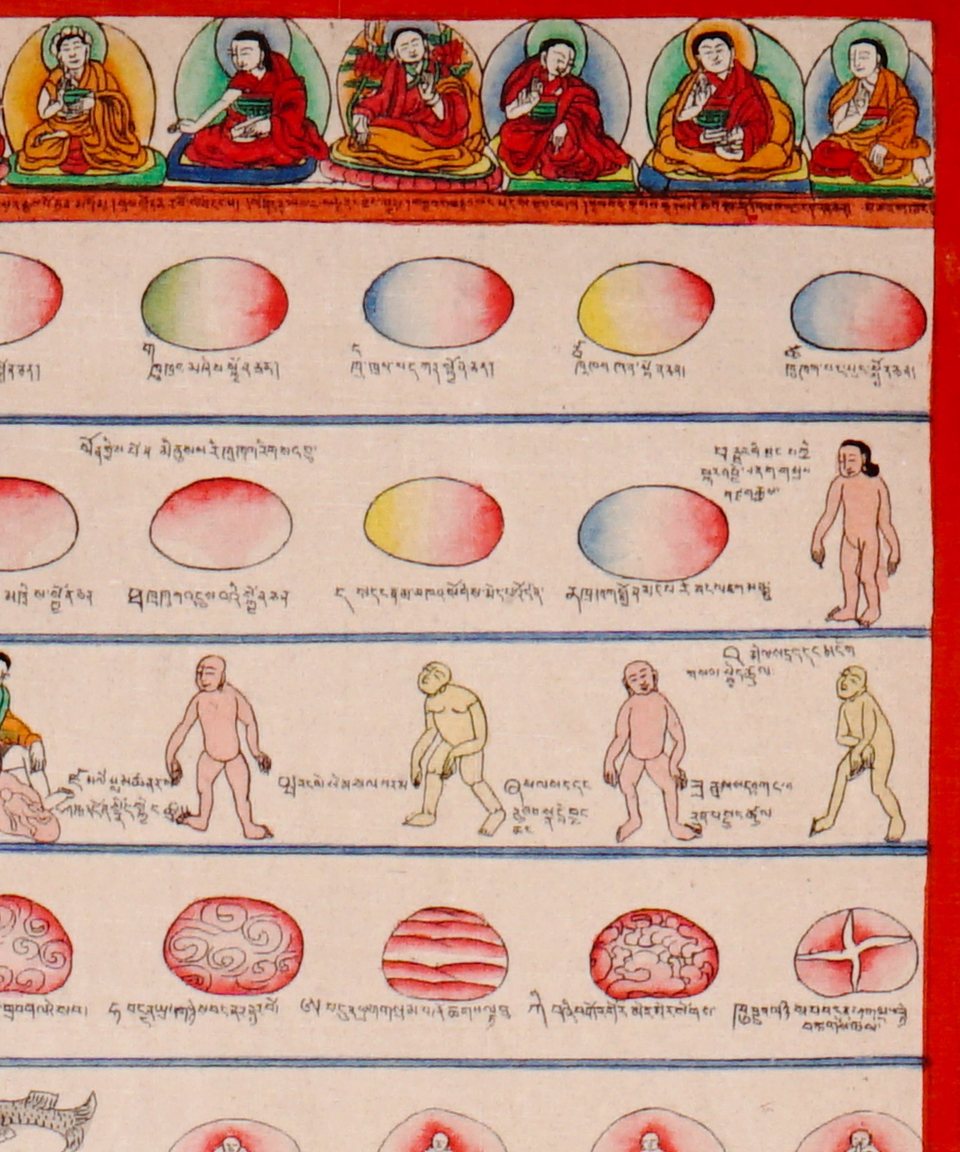 Tibetan Medicine Plant Thangka Painting showing traditional herbal medicine illustrations, body diagrams, healing scenes, medical symbols