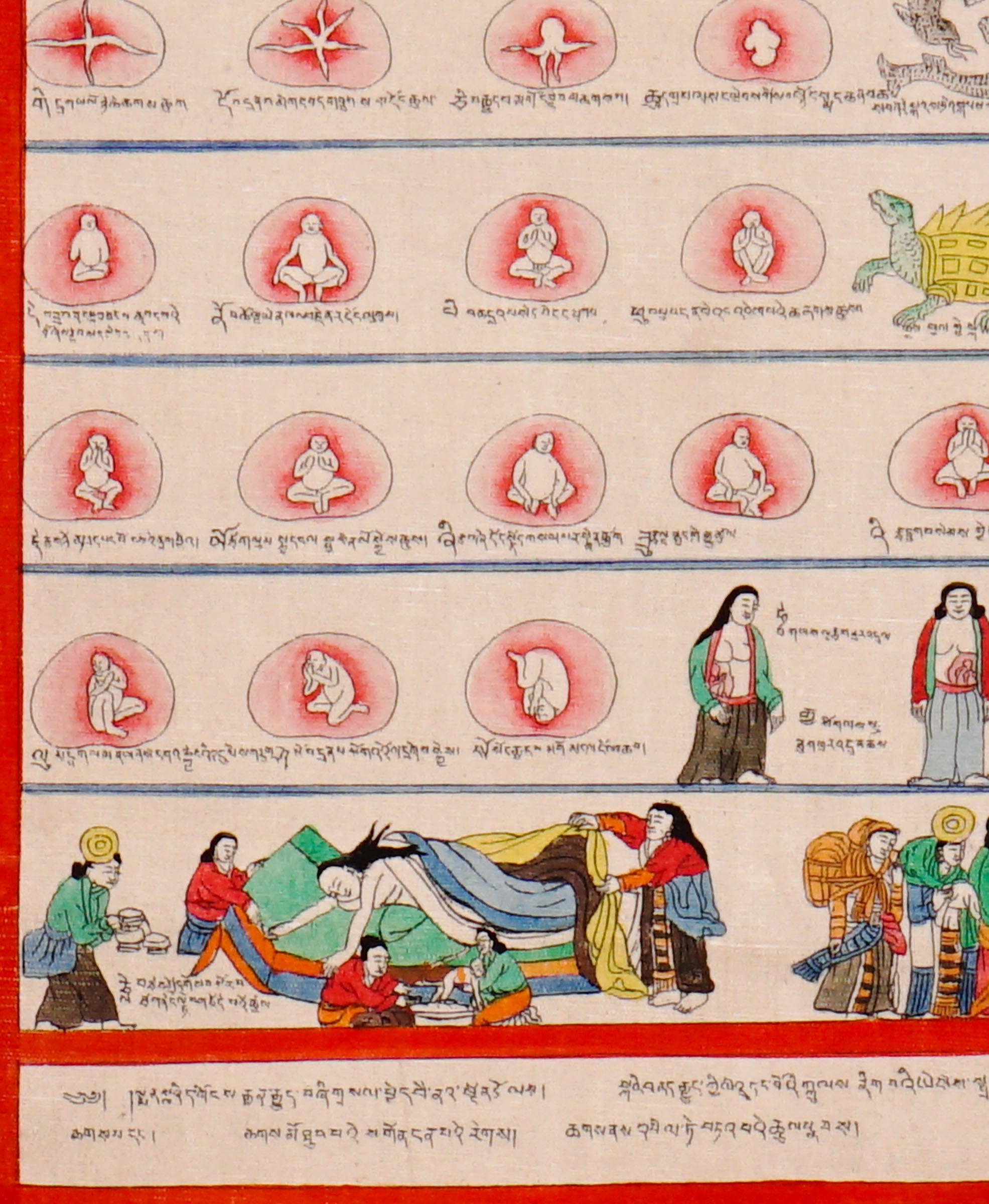 Tibetan Medicine Plant Thangka Painting showing traditional herbal medicine illustrations, body diagrams, healing scenes, medical symbols