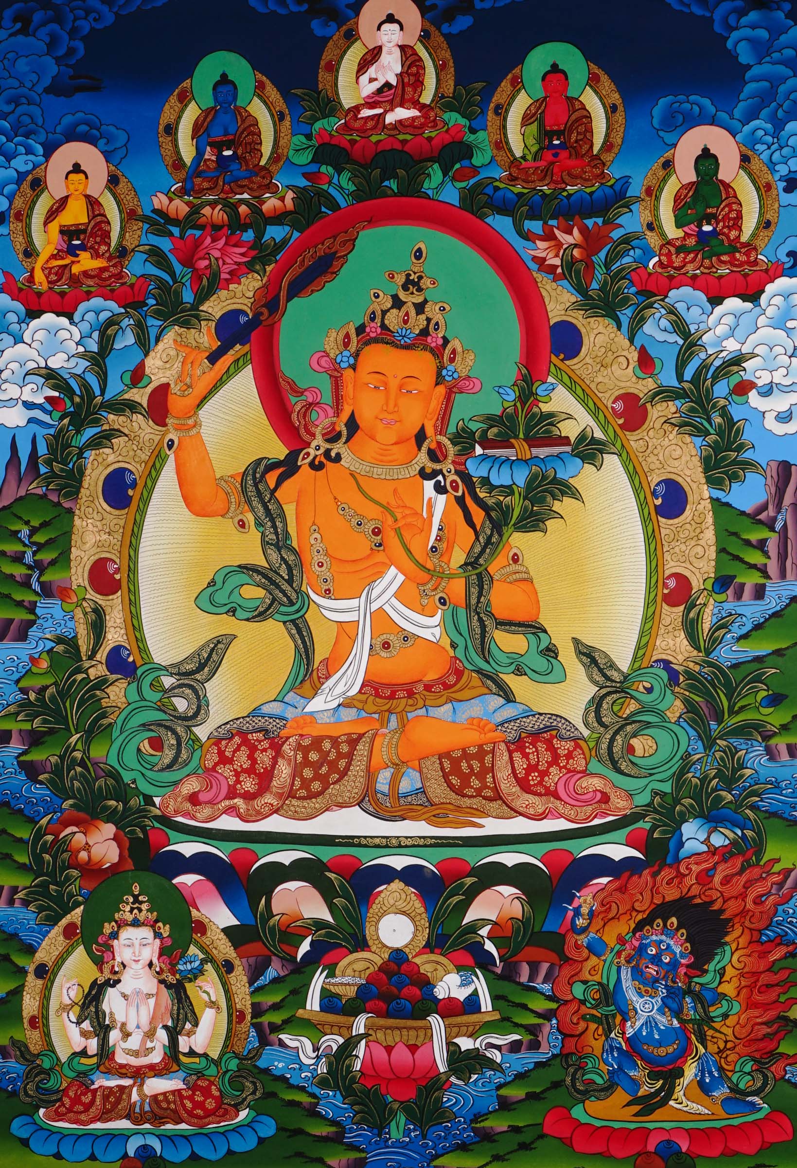 hand painted manjushri buddhist thangka for altar decor