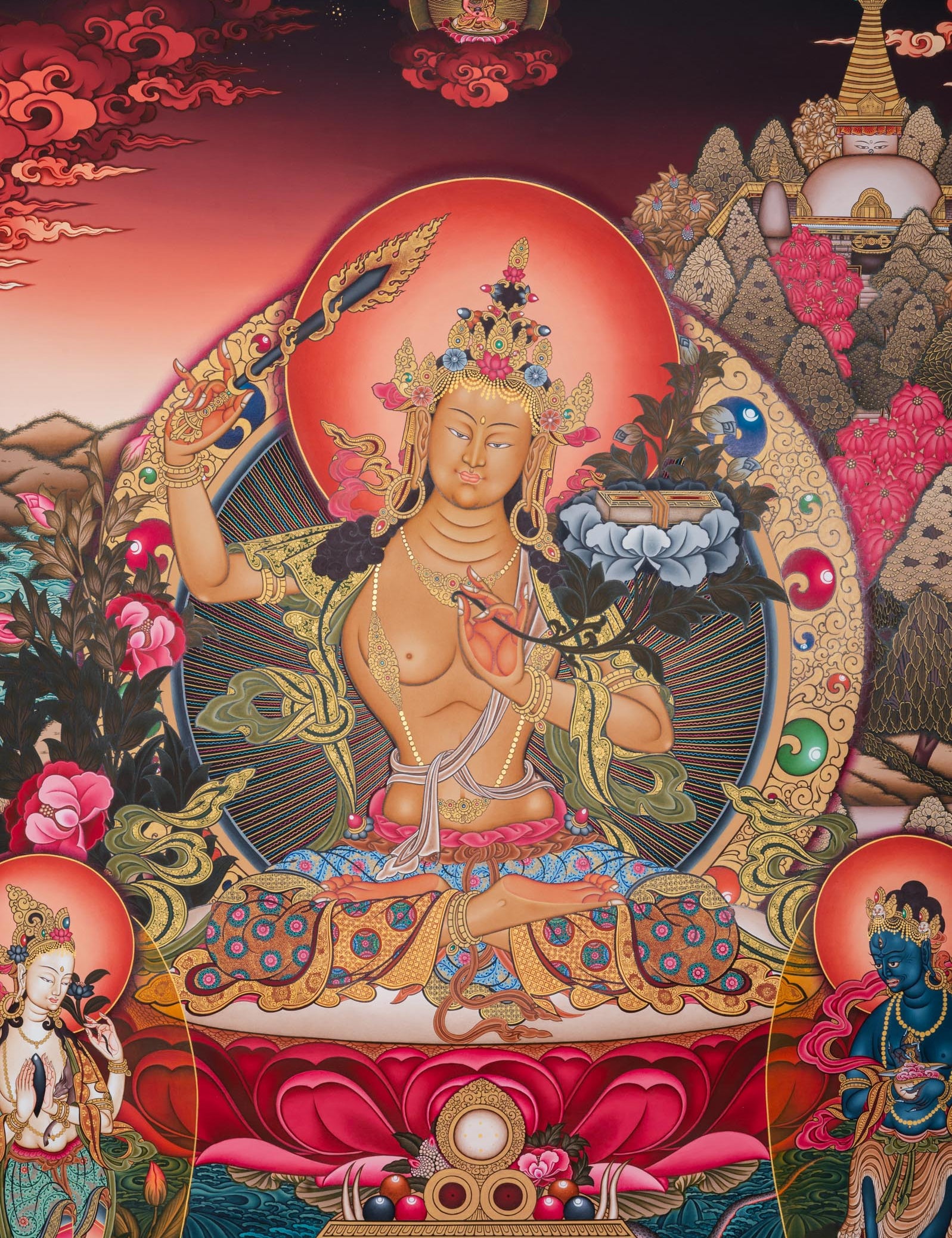 Hand-Painted Manjushri Thangka - Sacred Tibetan Painting