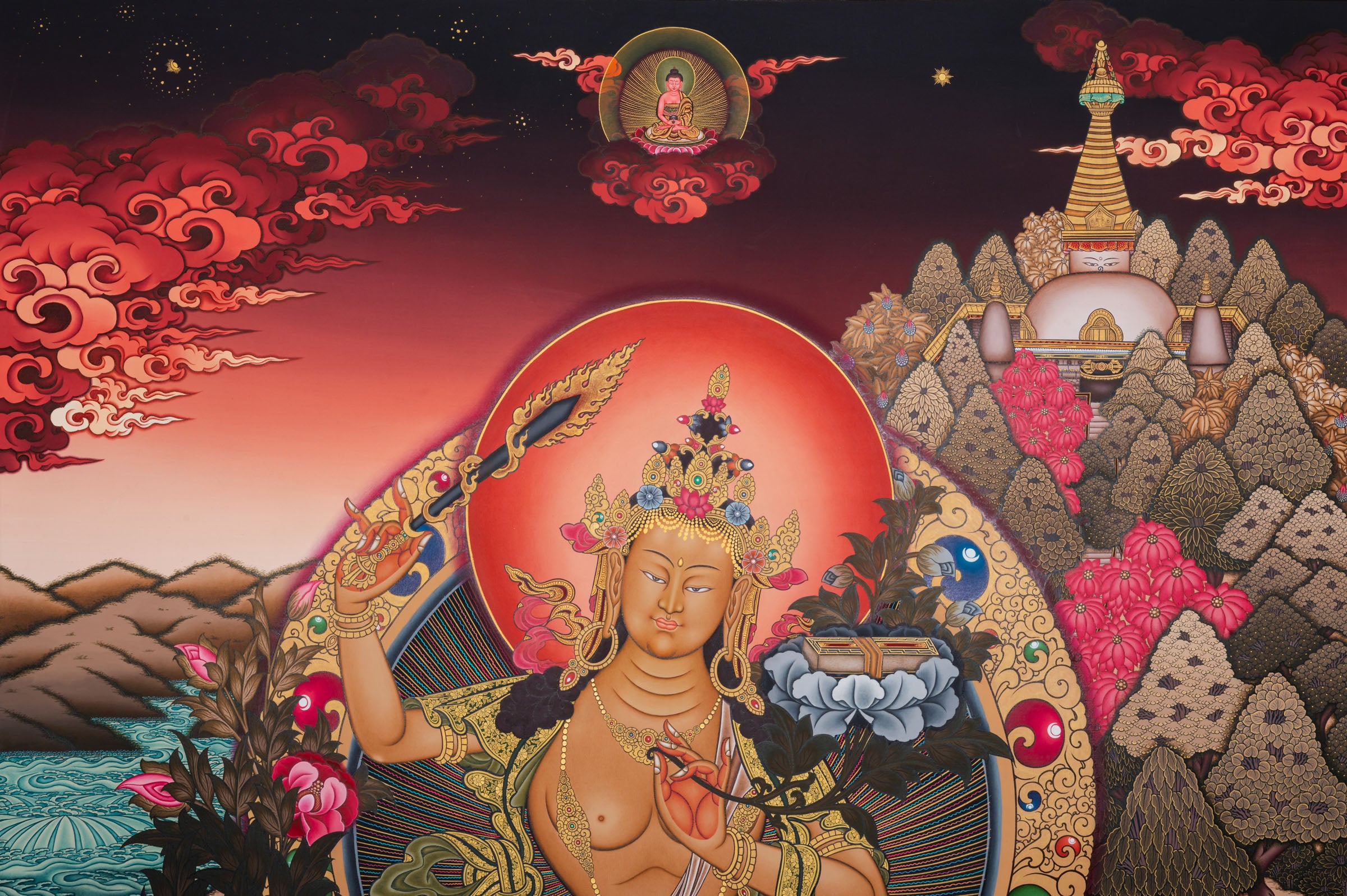 Hand-Painted Manjushri Thangka - Sacred Tibetan Painting