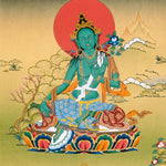 Green Tara Thangka painting with lotus throne, blue utpala flower, serene landscape, and Tibetan Buddhist compassion symbolism.