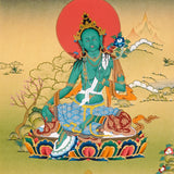Green Tara Thangka painting with lotus throne, blue utpala flower, serene landscape, and Tibetan Buddhist compassion symbolism.