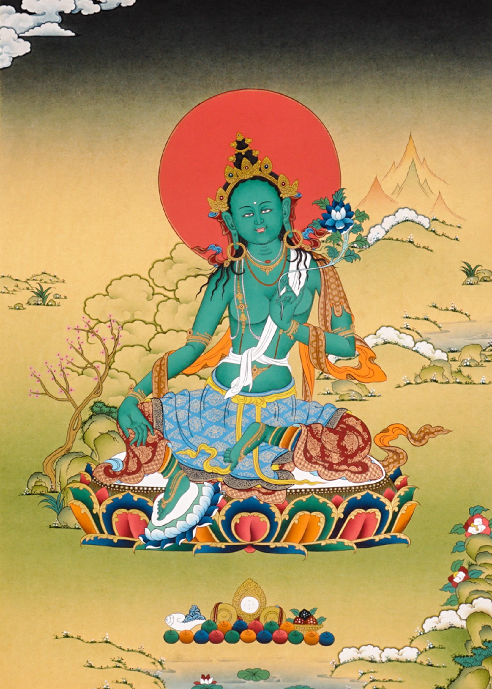 Green Tara Thangka painting with lotus throne, blue utpala flower, serene landscape, and Tibetan Buddhist compassion symbolism.