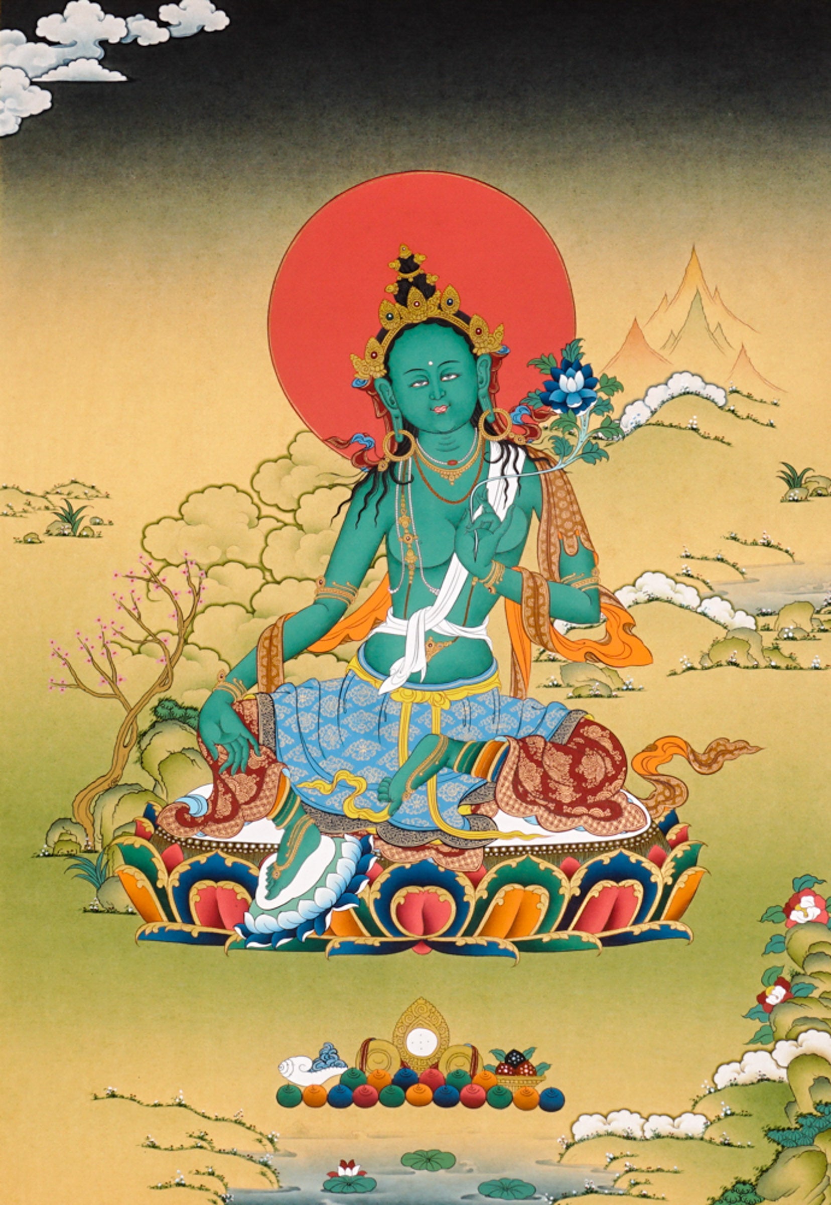 Green Tara Thangka painting with lotus throne, blue utpala flower, serene landscape, and Tibetan Buddhist compassion symbolism.
