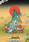 Green Tara Thangka painting with lotus throne, blue utpala flower, serene landscape, and Tibetan Buddhist compassion symbolism.