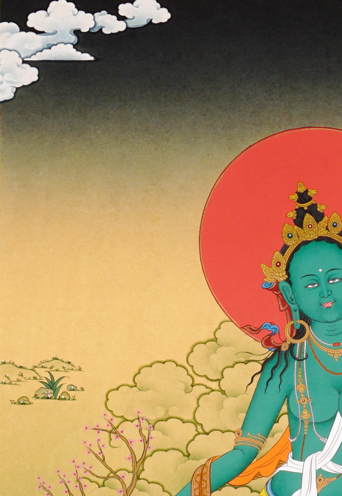 Green Tara Thangka painting with lotus throne, blue utpala flower, serene landscape, and Tibetan Buddhist compassion symbolism.