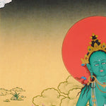 Green Tara Thangka painting with lotus throne, blue utpala flower, serene landscape, and Tibetan Buddhist compassion symbolism.
