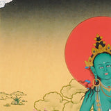 Green Tara Thangka painting with lotus throne, blue utpala flower, serene landscape, and Tibetan Buddhist compassion symbolism.