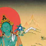 Green Tara Thangka painting with lotus throne, blue utpala flower, serene landscape, and Tibetan Buddhist compassion symbolism.