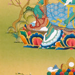 Green Tara Thangka painting with lotus throne, blue utpala flower, serene landscape, and Tibetan Buddhist compassion symbolism.
