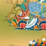 Green Tara Thangka painting with lotus throne, blue utpala flower, serene landscape, and Tibetan Buddhist compassion symbolism.