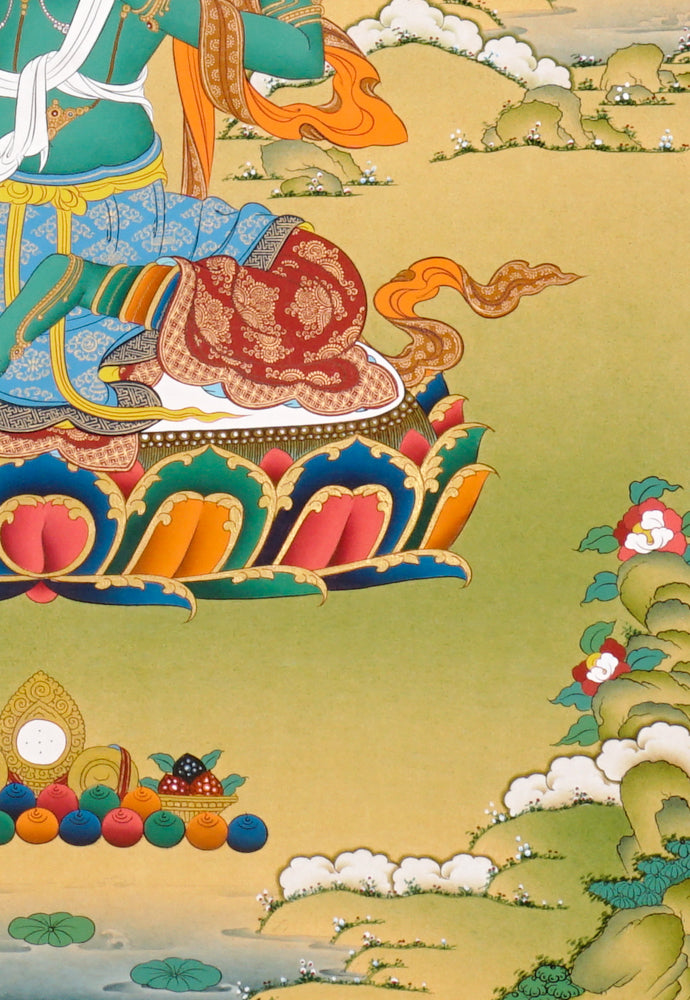 Green Tara Thangka painting with lotus throne, blue utpala flower, serene landscape, and Tibetan Buddhist compassion symbolism.