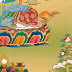 Green Tara Thangka painting with lotus throne, blue utpala flower, serene landscape, and Tibetan Buddhist compassion symbolism.