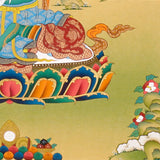 Green Tara Thangka painting with lotus throne, blue utpala flower, serene landscape, and Tibetan Buddhist compassion symbolism.