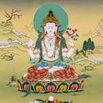 Chenrezig Thangka painting with lotus throne, floral offering, peaceful landscape, and Tibetan Buddhist compassion symbolism.