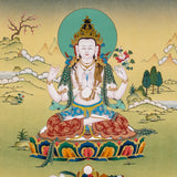 Chenrezig Thangka painting with lotus throne, floral offering, peaceful landscape, and Tibetan Buddhist compassion symbolism.