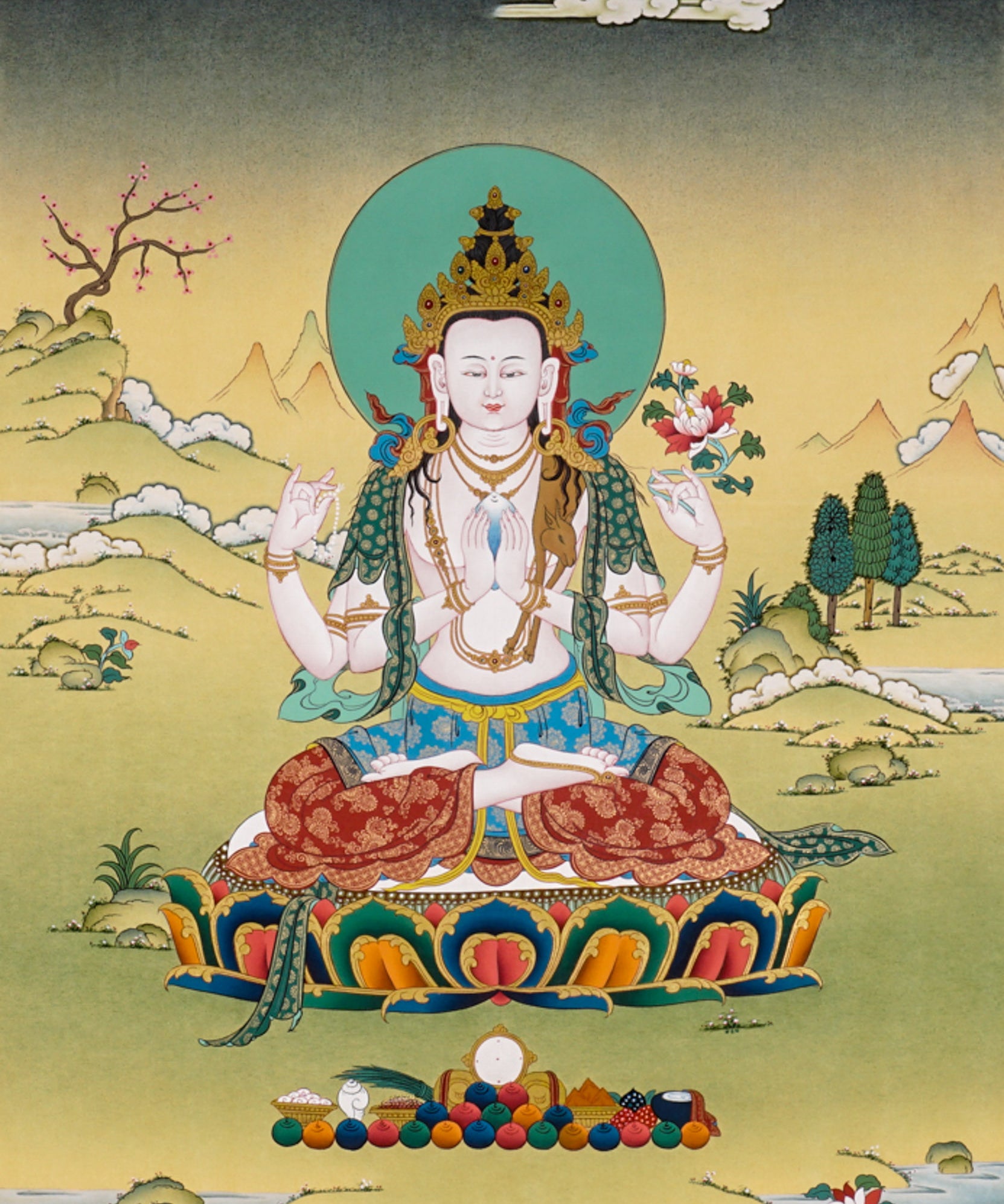 Chenrezig Thangka painting with lotus throne, floral offering, peaceful landscape, and Tibetan Buddhist compassion symbolism.