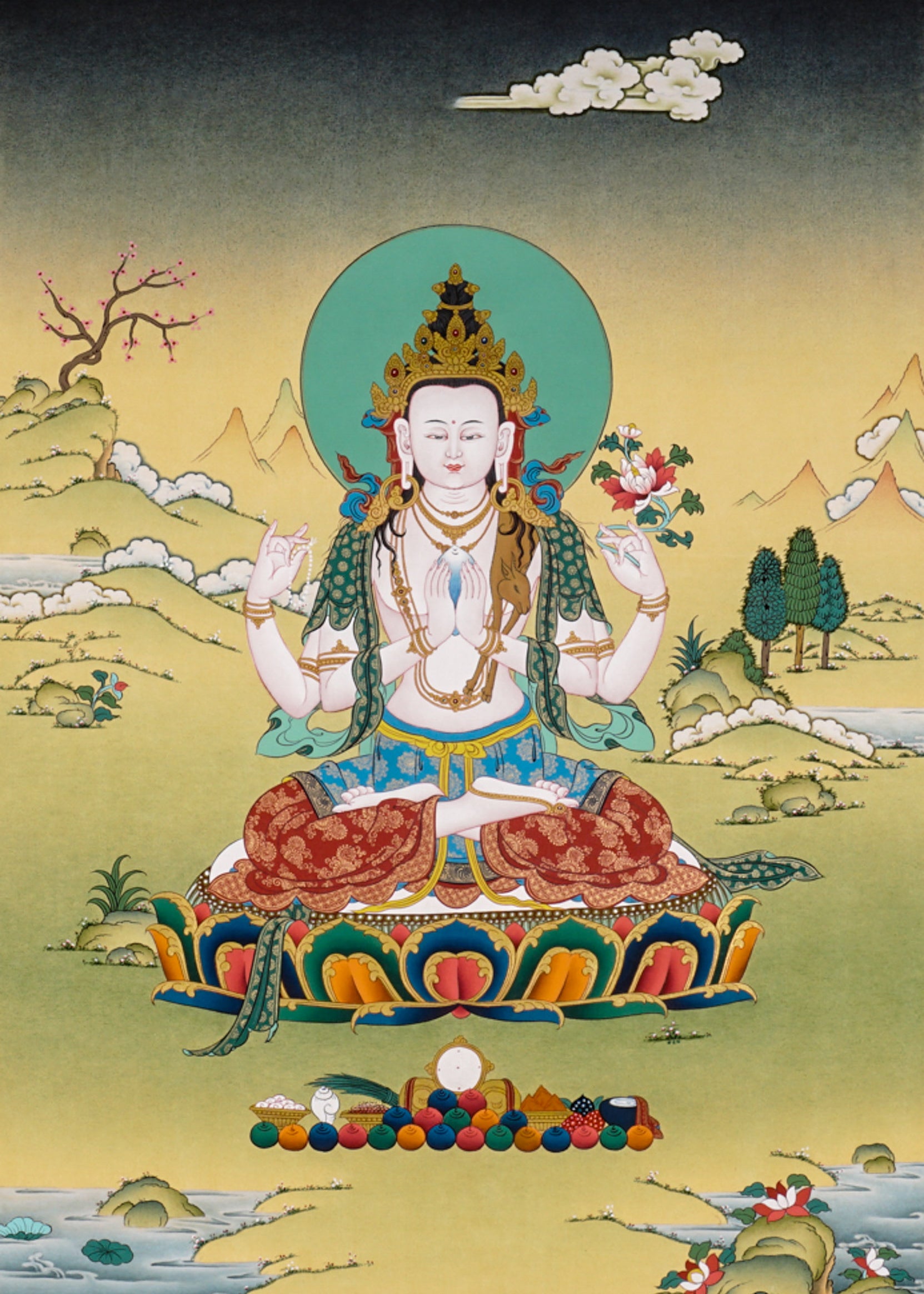 Chenrezig Thangka painting with lotus throne, floral offering, peaceful landscape, and Tibetan Buddhist compassion symbolism.