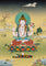 Chenrezig Thangka painting with lotus throne, floral offering, peaceful landscape, and Tibetan Buddhist compassion symbolism.