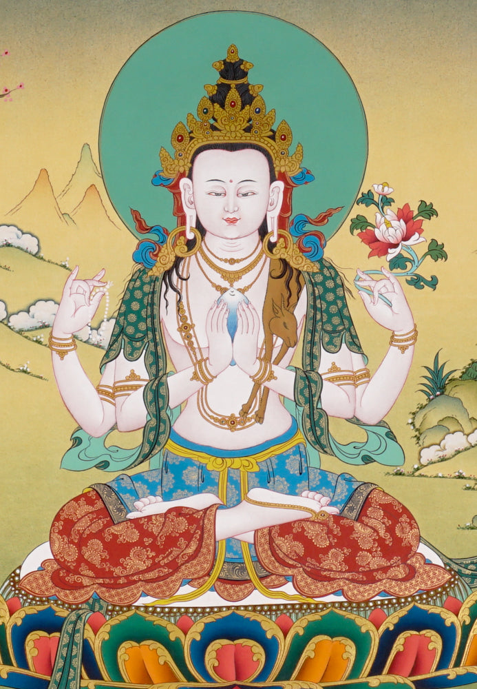 Chenrezig Thangka painting with lotus throne, floral offering, peaceful landscape, and Tibetan Buddhist compassion symbolism.