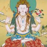 Chenrezig Thangka painting with lotus throne, floral offering, peaceful landscape, and Tibetan Buddhist compassion symbolism.