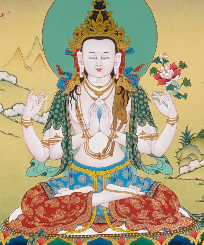 Chenrezig Thangka painting with lotus throne, floral offering, peaceful landscape, and Tibetan Buddhist compassion symbolism.