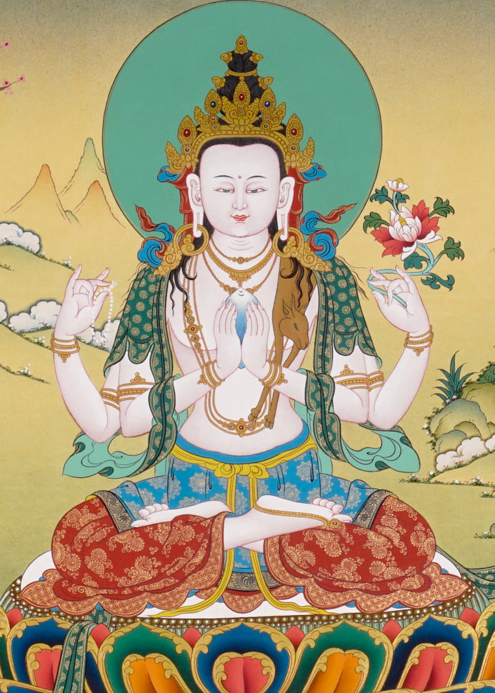 Chenrezig Thangka painting with lotus throne, floral offering, peaceful landscape, and Tibetan Buddhist compassion symbolism.