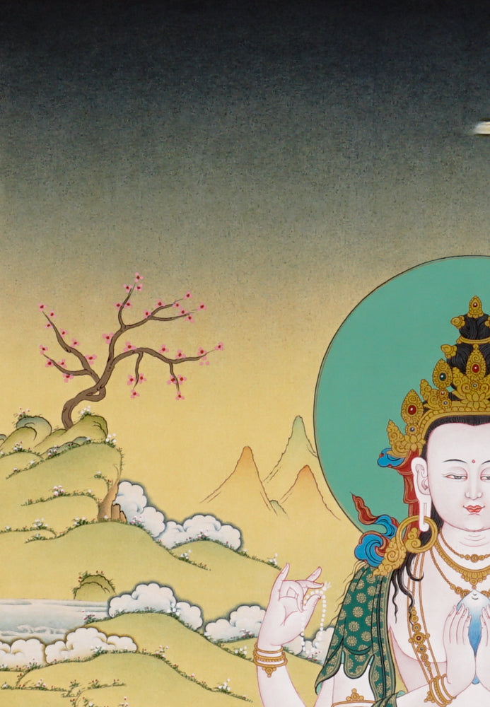 Chenrezig Thangka painting with lotus throne, floral offering, peaceful landscape, and Tibetan Buddhist compassion symbolism.