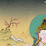 Chenrezig Thangka painting with lotus throne, floral offering, peaceful landscape, and Tibetan Buddhist compassion symbolism.