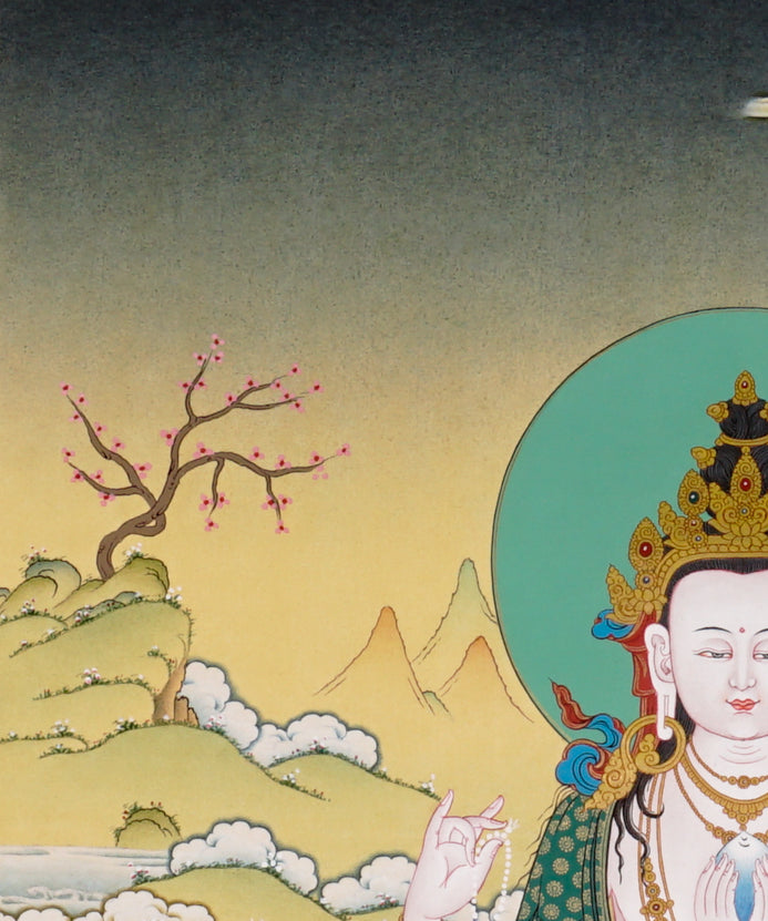 Chenrezig Thangka painting with lotus throne, floral offering, peaceful landscape, and Tibetan Buddhist compassion symbolism.