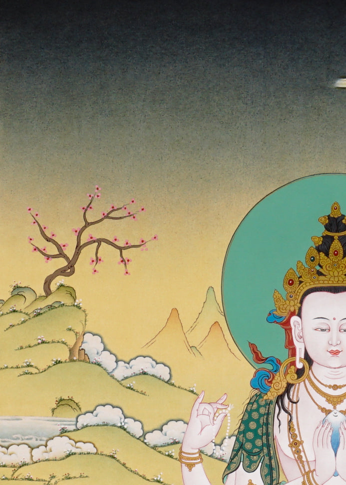 Chenrezig Thangka painting with lotus throne, floral offering, peaceful landscape, and Tibetan Buddhist compassion symbolism.