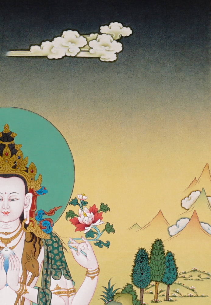 Chenrezig Thangka painting with lotus throne, floral offering, peaceful landscape, and Tibetan Buddhist compassion symbolism.